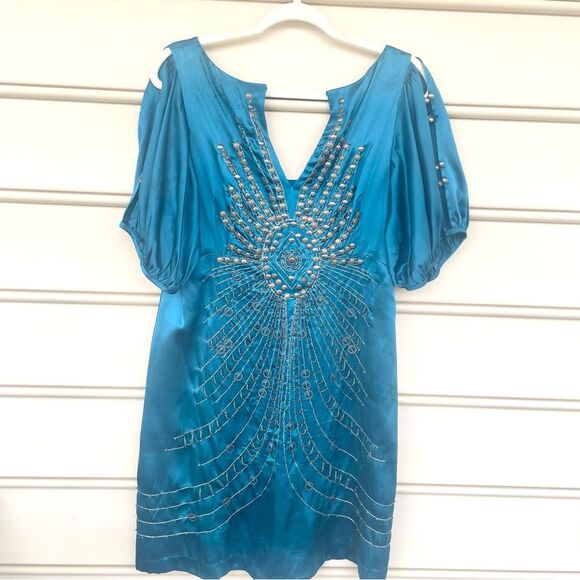 Nanette Lepore Darjeeling Teal Bronze Beaded Embellished Boho Silk Dress Size 12 - Picture 2 of 15